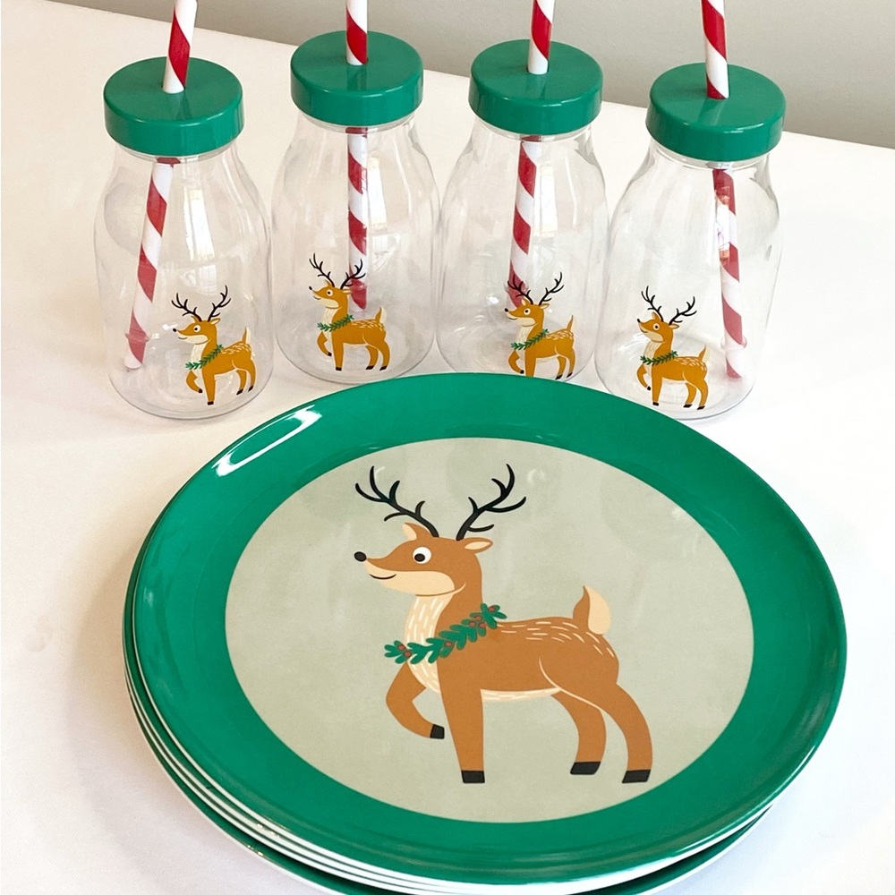Set of 4 Reindeer Melamine Plates & Matching Drink Bottles Christmas Tableware